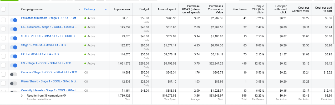 Meta Ads Manager: 36 campaigns, $15,073 spent, $53,646 conversion value, 3.56 ROAS